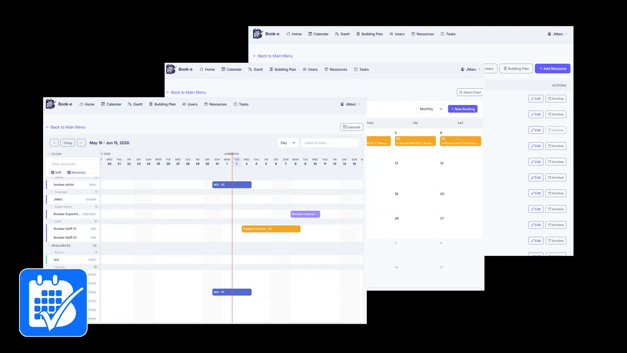 Book-e booking platform — resource Gantt timeline, monthly calendar and resource scheduling views