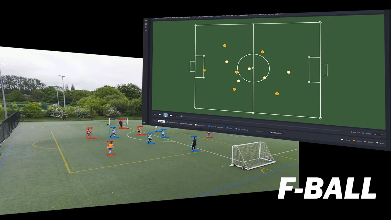 F-Ball computer-vision analysis — player and ball detection on match footage with a synchronised 2D tactical pitch view