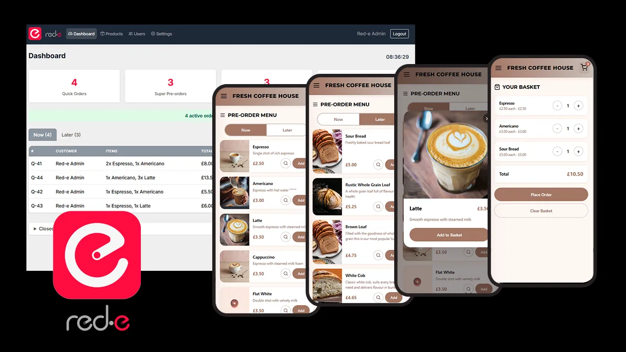 Red-e admin dashboard with live orders, alongside the customer pre-order menu and basket on mobile