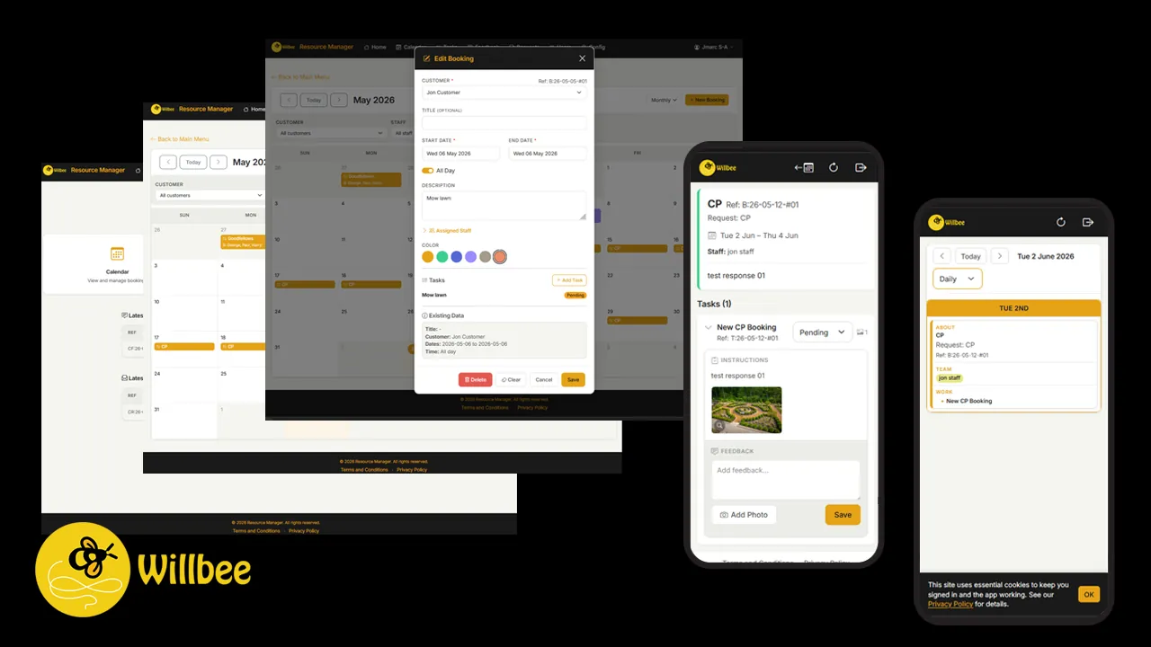 Willbee Resource Manager — booking calendar, an edit-booking dialog with task assignment, and the mobile staff task and feedback views